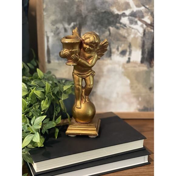 Vintage Gold Cherub Candle Holder, Ceramic, Gold Angel, Taper Candlestick Holder - Picture 1 of 9